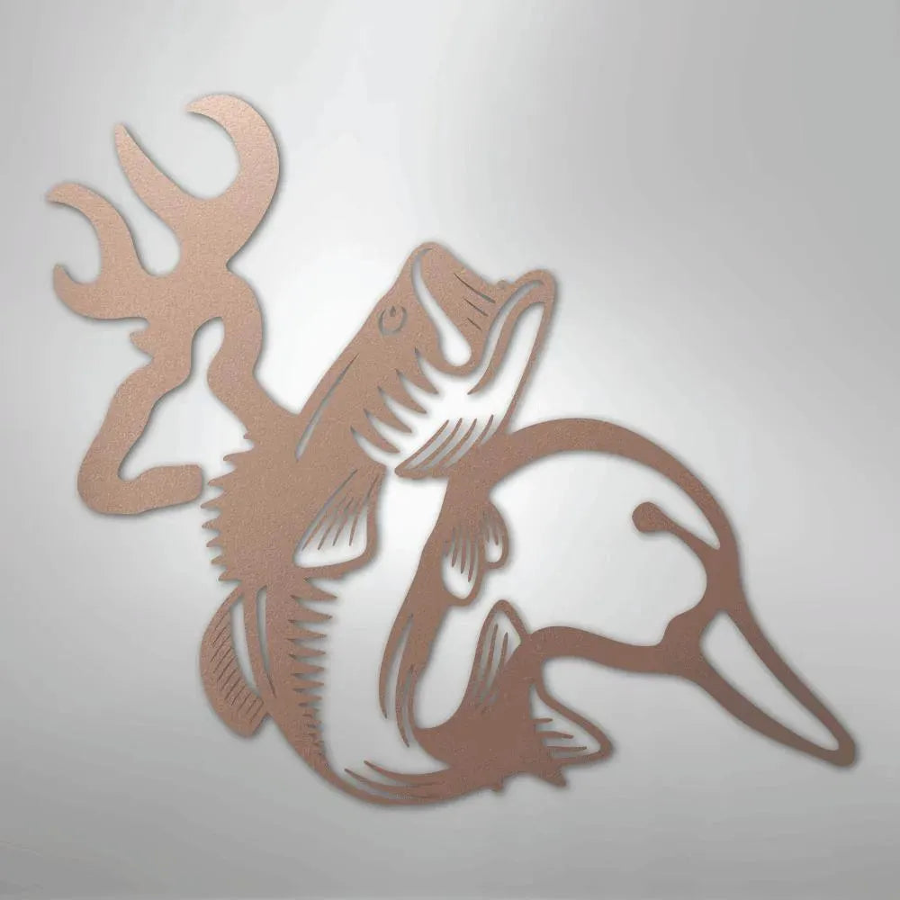 Copper metal wall art featuring deer antlers, a jumping bass, and a duck silhouette.