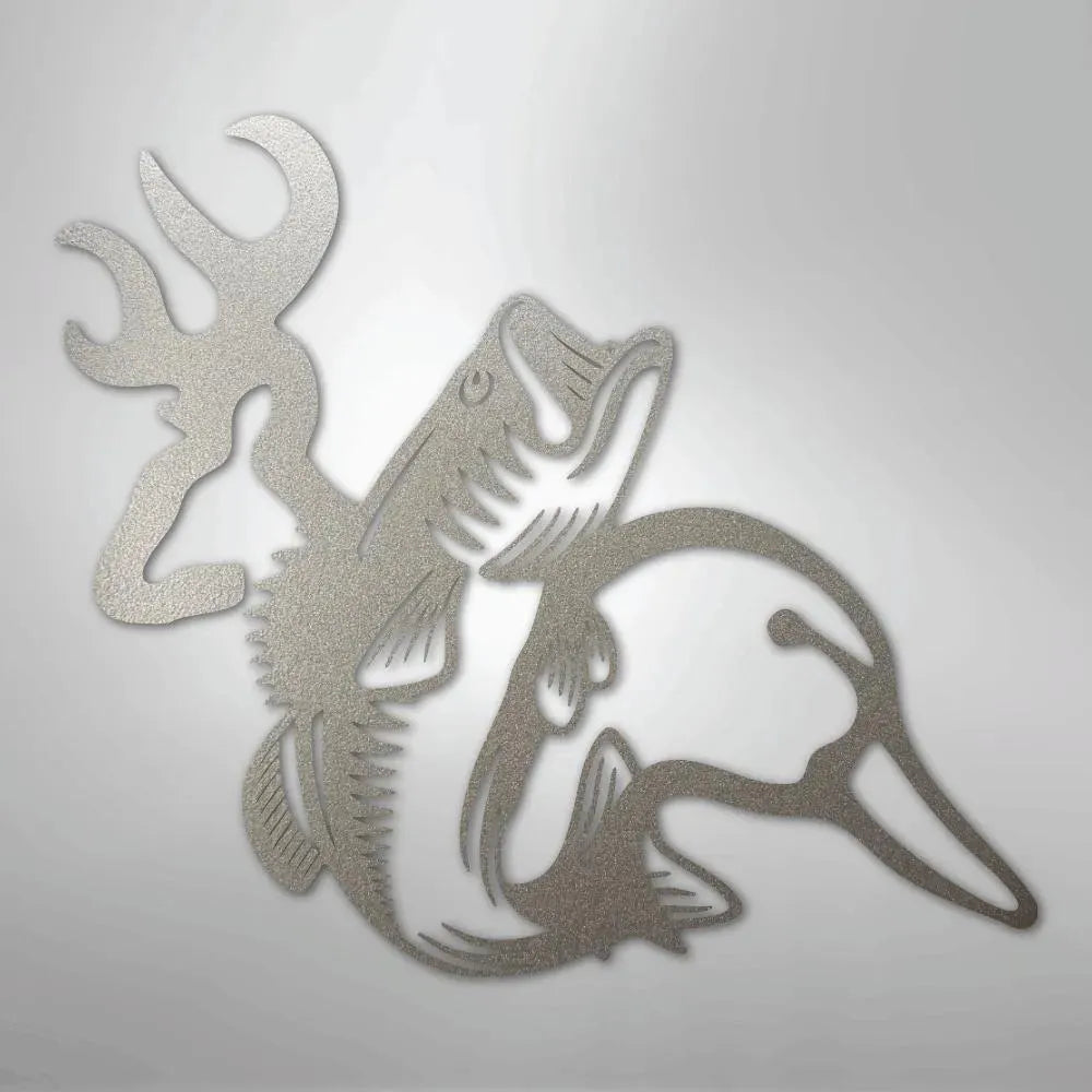 Silver metal wall art featuring a deer antler, jumping bass fish, and a duck, perfect for hunting and fishing enthusiasts.