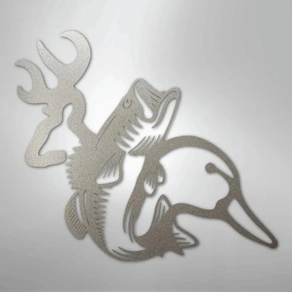 Silver metal wall art featuring a deer antler, jumping bass fish, and a duck, perfect for hunting and fishing enthusiasts.
