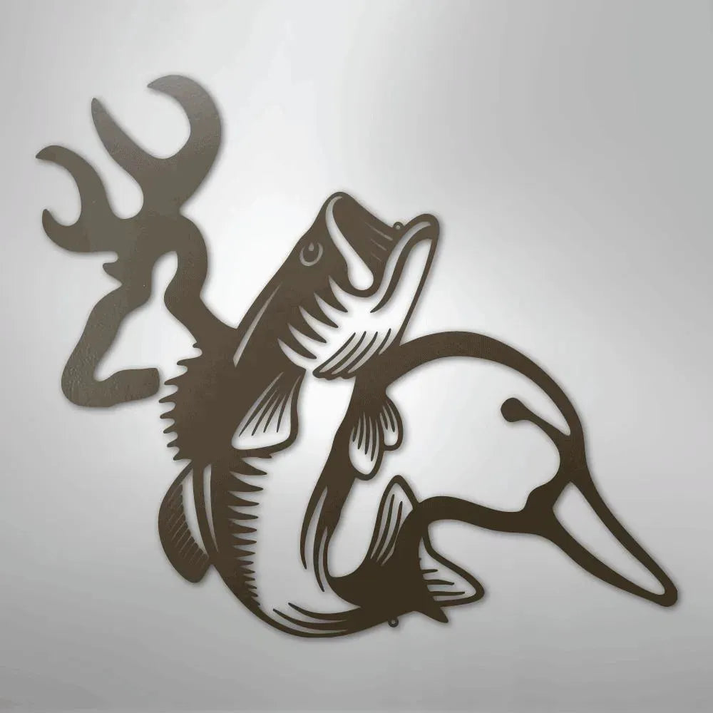 Brown metal wall art featuring a deer antler, bass fish, and duck head silhouette.