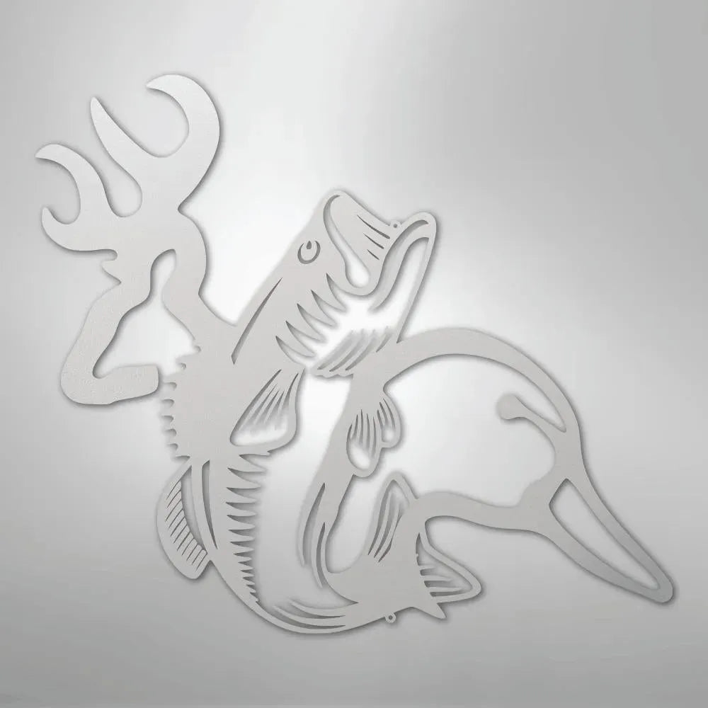 Silver metal wall art featuring deer antlers, a bass fish, and a duck silhouette.