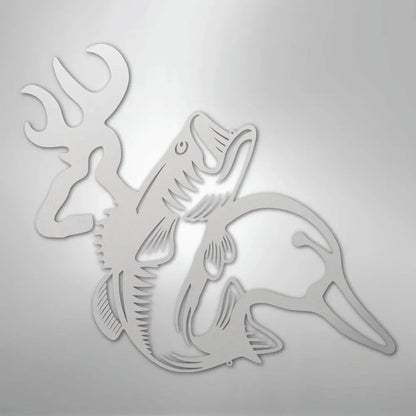 Silver metal wall art featuring deer antlers, a bass fish, and a duck silhouette.