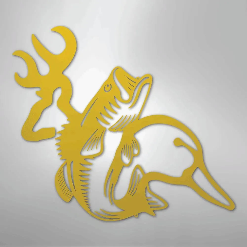 Gold metal wall art featuring a deer antler, bass fish, and duck silhouette.