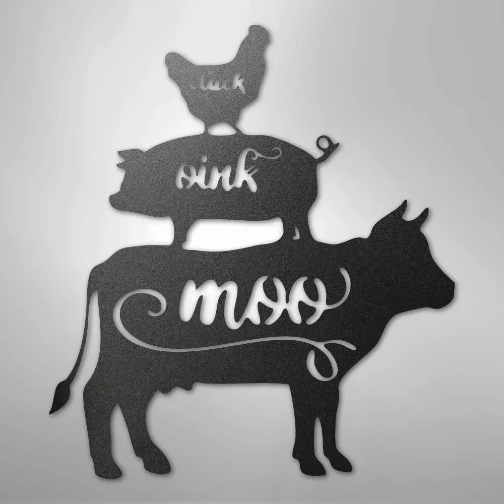 Black metal wall art featuring a stacked cow, pig, and chicken with "moo," "oink," and "cluck" cutouts.