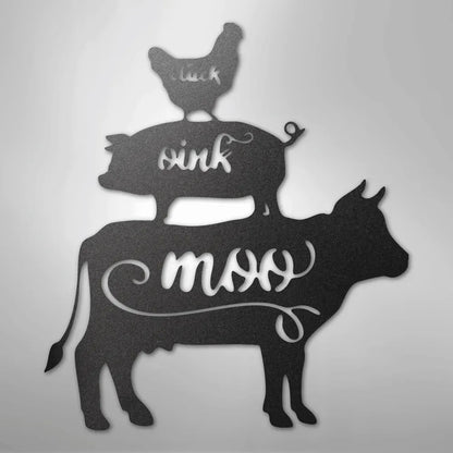 Black metal wall art featuring a stacked cow, pig, and chicken with "moo," "oink," and "cluck" cutouts.