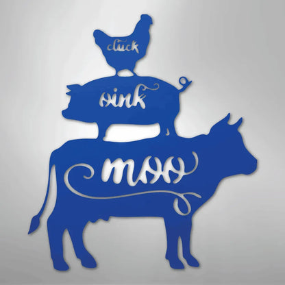 Blue metal wall art featuring a cow, pig, and chicken stacked, with "moo," "oink," and "cluck" cutouts.