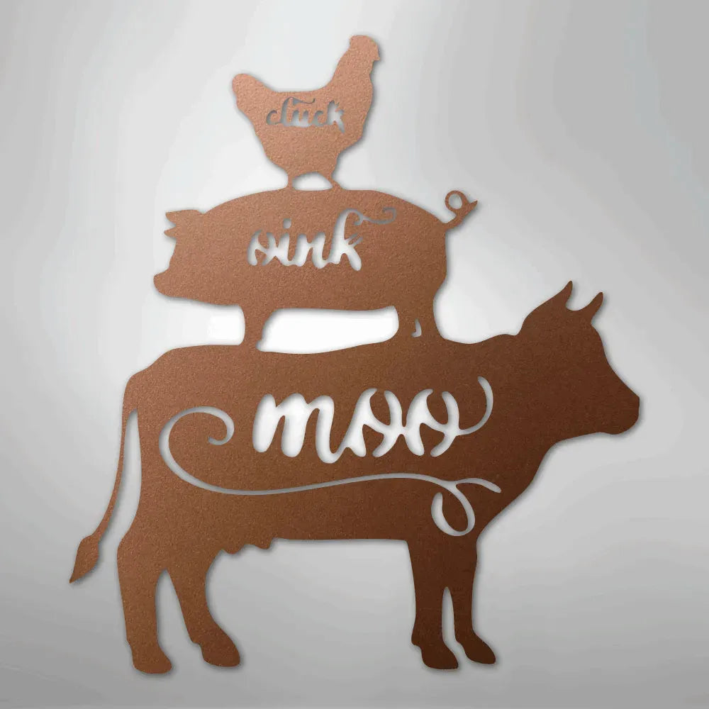 Rustic copper metal wall art featuring a cow, pig, and chicken stacked, with "moo," "oink," and "cluck" cutouts.