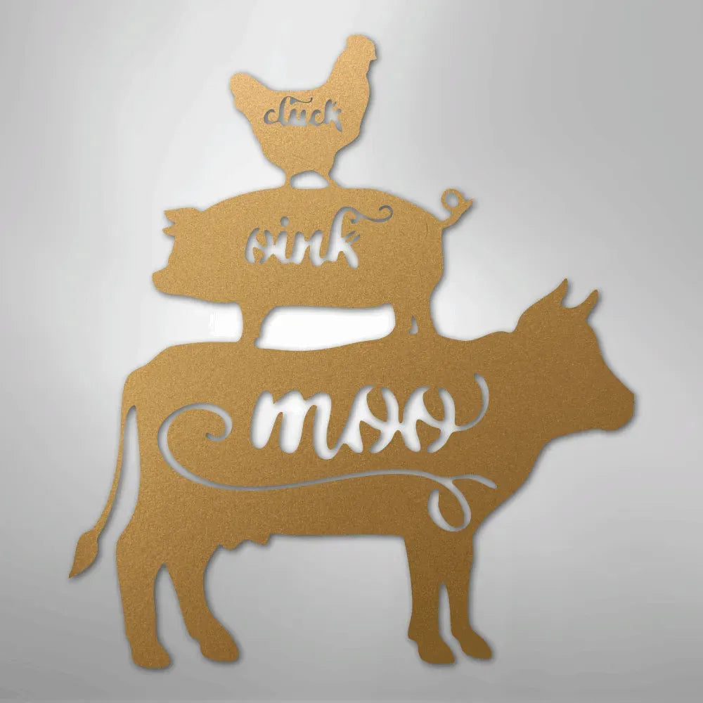 Gold metal farm animal wall art: stacked cow, pig, and chicken with "moo," "oink," "cluck" cutouts.