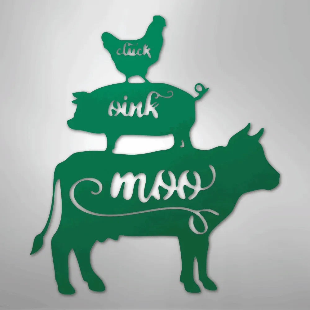Green metal wall art featuring a cow, pig, and chicken stacked, with "moo," "oink," and "cluck" cutouts.