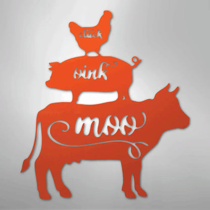 Orange metal wall art featuring a stacked cow, pig, and chicken with "moo," "oink," and "cluck" cutouts.