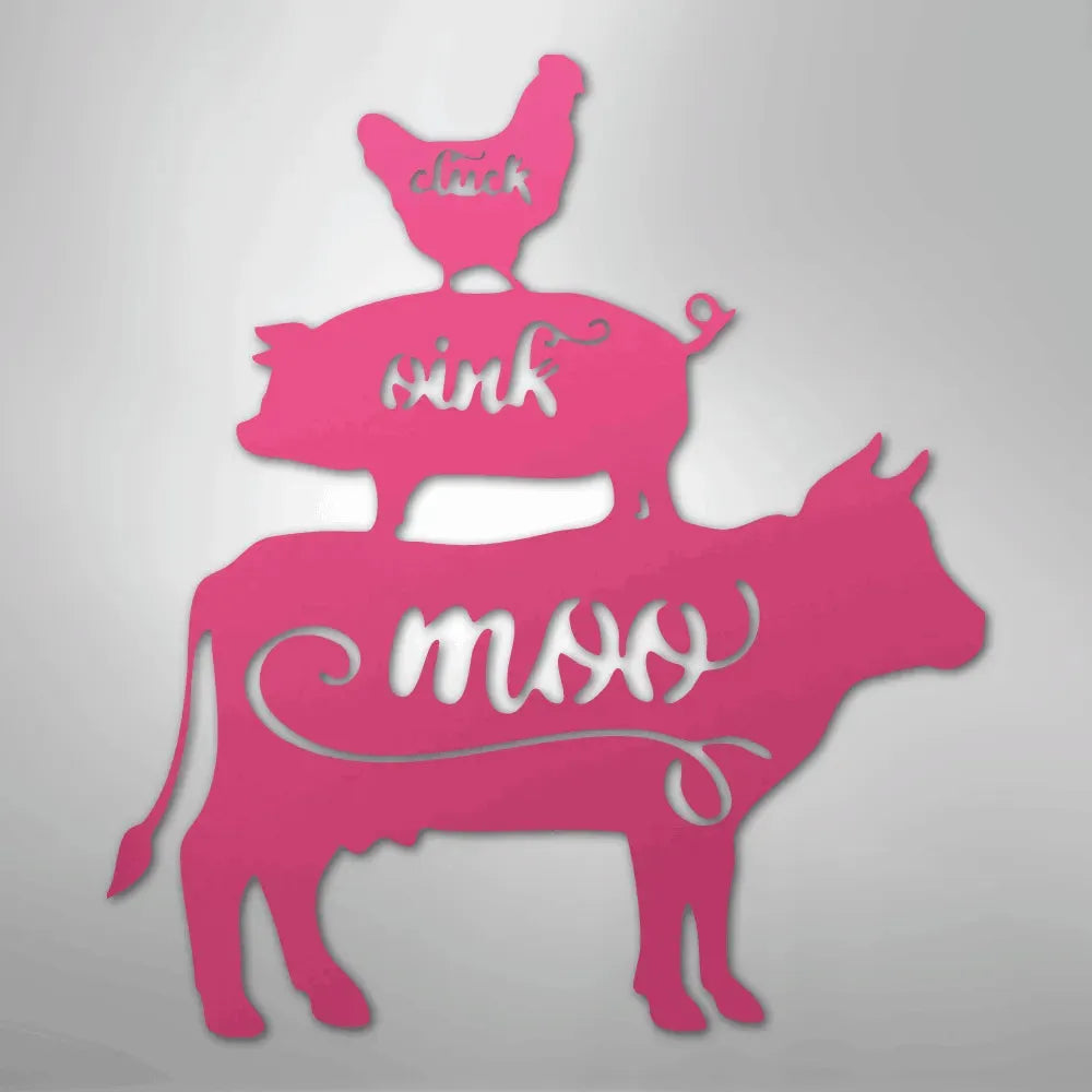 Pink metal wall art featuring a stacked cow, pig, and chicken with "moo," "oink," and "cluck" cutouts.