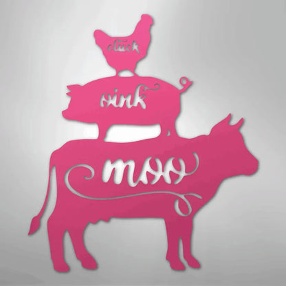 Pink metal wall art featuring a stacked cow, pig, and chicken with "moo," "oink," and "cluck" cutouts.