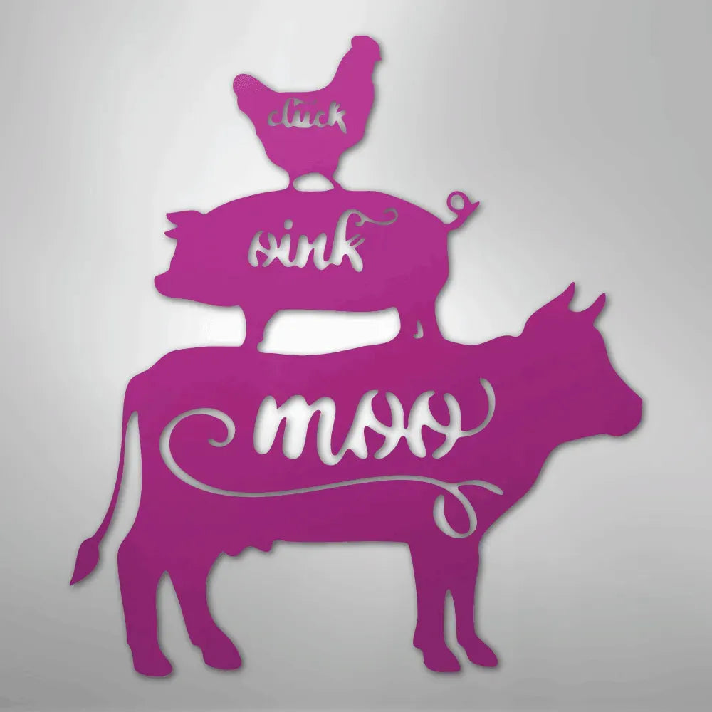 Pink metal wall art featuring a stacked cow, pig, and chicken with "moo," "oink," and "cluck" cutouts.