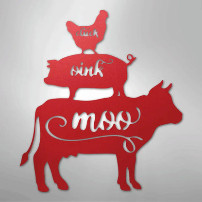 Red metal wall art featuring a cow, pig, and chicken stacked, with "moo," "oink," and "cluck" cutouts.