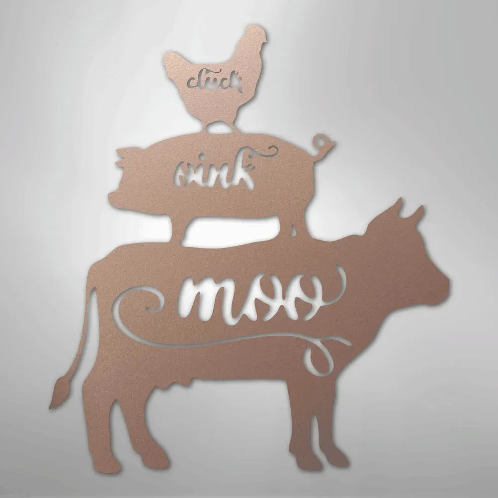 Copper metal wall art featuring a cow, pig, and chicken stacked, with "moo," "oink," and "cluck" cutouts.
