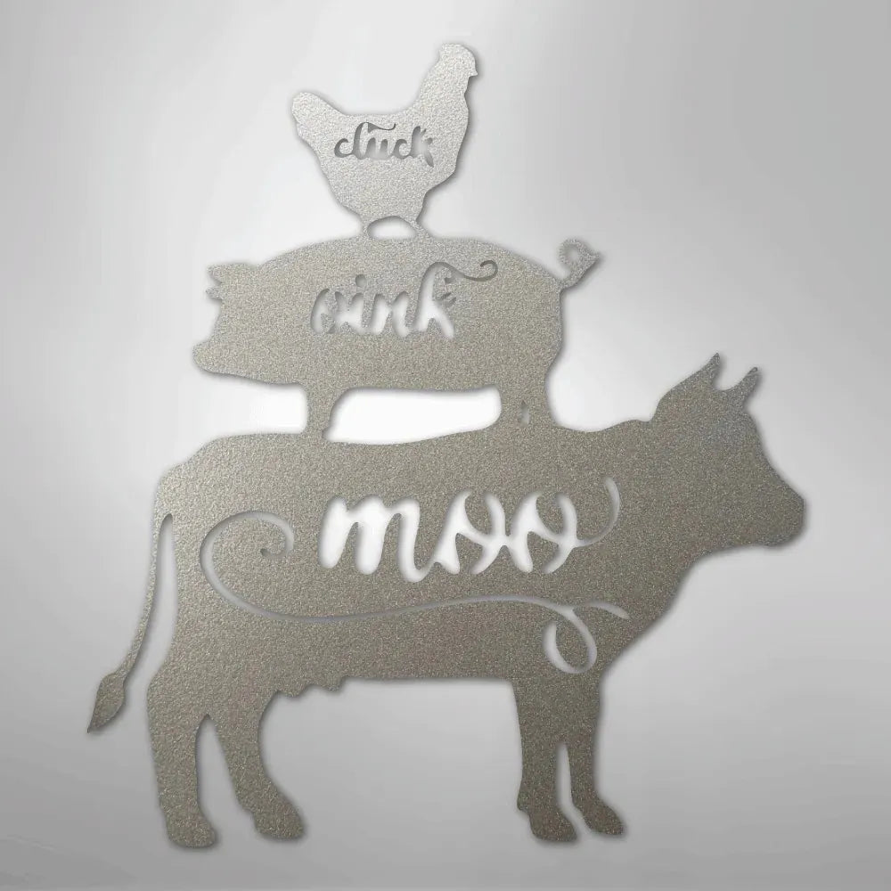 Rustic silver metal wall art featuring a cow, pig, and chicken stacked, with "moo," "oink," and "cluck" cutouts.