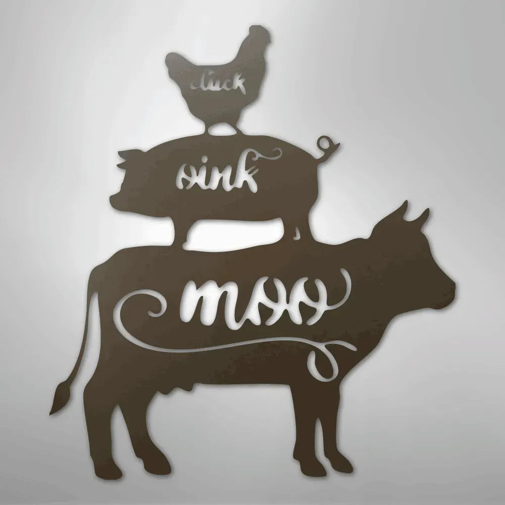Rustic brown metal wall art featuring a cow, pig, and chicken stacked, with "moo," "oink," and "cluck" cutouts.