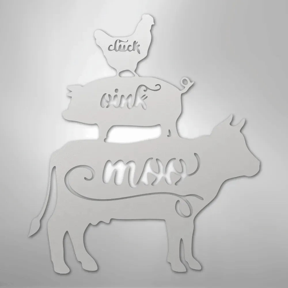 White metal farm animal stack wall art: cow, pig, and chicken with "moo," "oink," "cluck" cutouts.