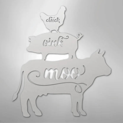 White metal farm animal stack wall art: cow, pig, and chicken with "moo," "oink," "cluck" cutouts.