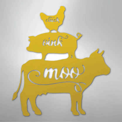 Gold metal wall art featuring a cow, pig, and chicken stacked, with "moo," "oink," and "cluck" cutouts.
