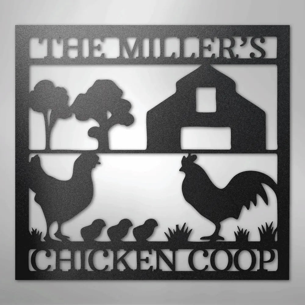 Black metal chicken coop monogram wall art with a rooster, hen, chicks, barn, and trees.