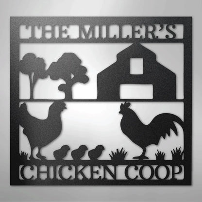 Black metal chicken coop monogram wall art with a rooster, hen, chicks, barn, and trees.