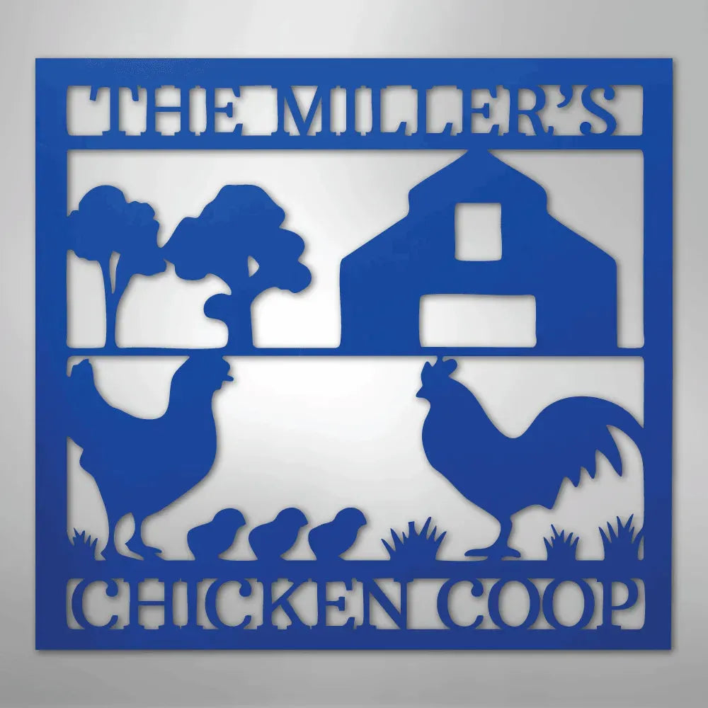 Blue metal wall art: "THE MILLER'S CHICKEN COOP" with barn, trees, hen, rooster, and chicks.