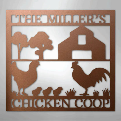 Copper metal wall art: "The Millers' Chicken Coop" with rooster, hen, chicks, barn, and trees.