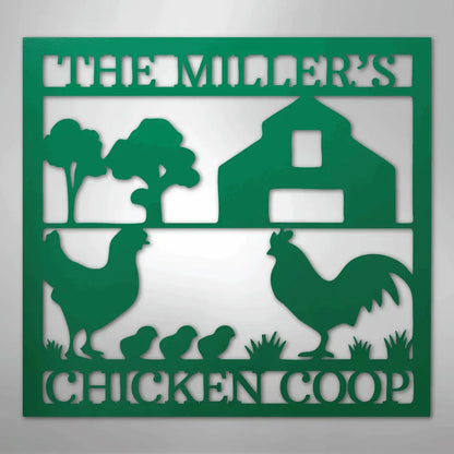 Green metal chicken coop monogram wall art with "THE MILLER'S CHICKEN COOP" text, rooster, hen, and chicks.
