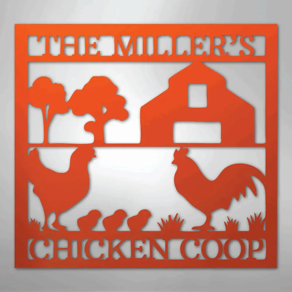Orange metal chicken coop monogram wall art with a barn, trees, hen, rooster, and chicks.