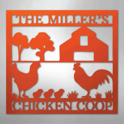 Orange metal chicken coop monogram wall art with a barn, trees, hen, rooster, and chicks.