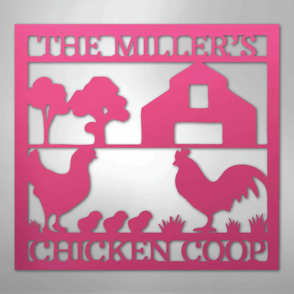 Pink metal wall art featuring a chicken coop, rooster, hen, chicks, trees, and "THE MILLERS" and "CHICKEN COOP" text.