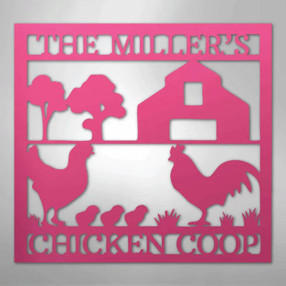 Pink metal wall art featuring a chicken coop, rooster, hen, chicks, trees, and "THE MILLERS" and "CHICKEN COOP" text.