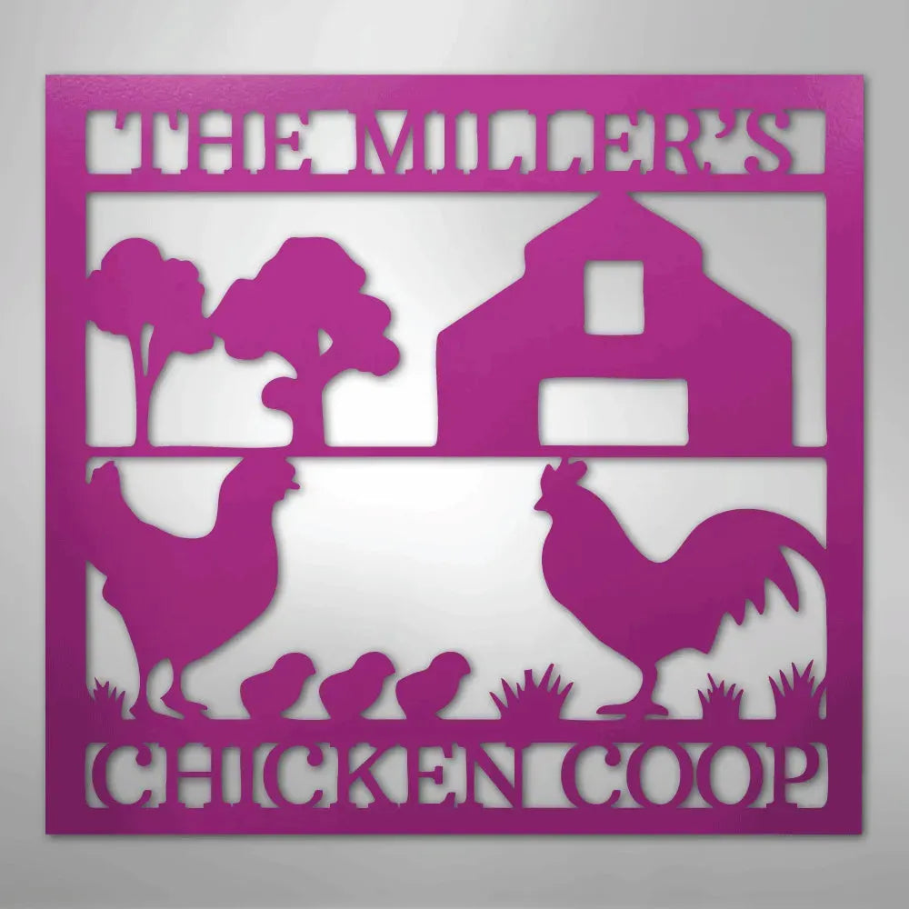 Pink metal chicken coop monogram wall art with barn, trees, rooster, hen, and chicks.
