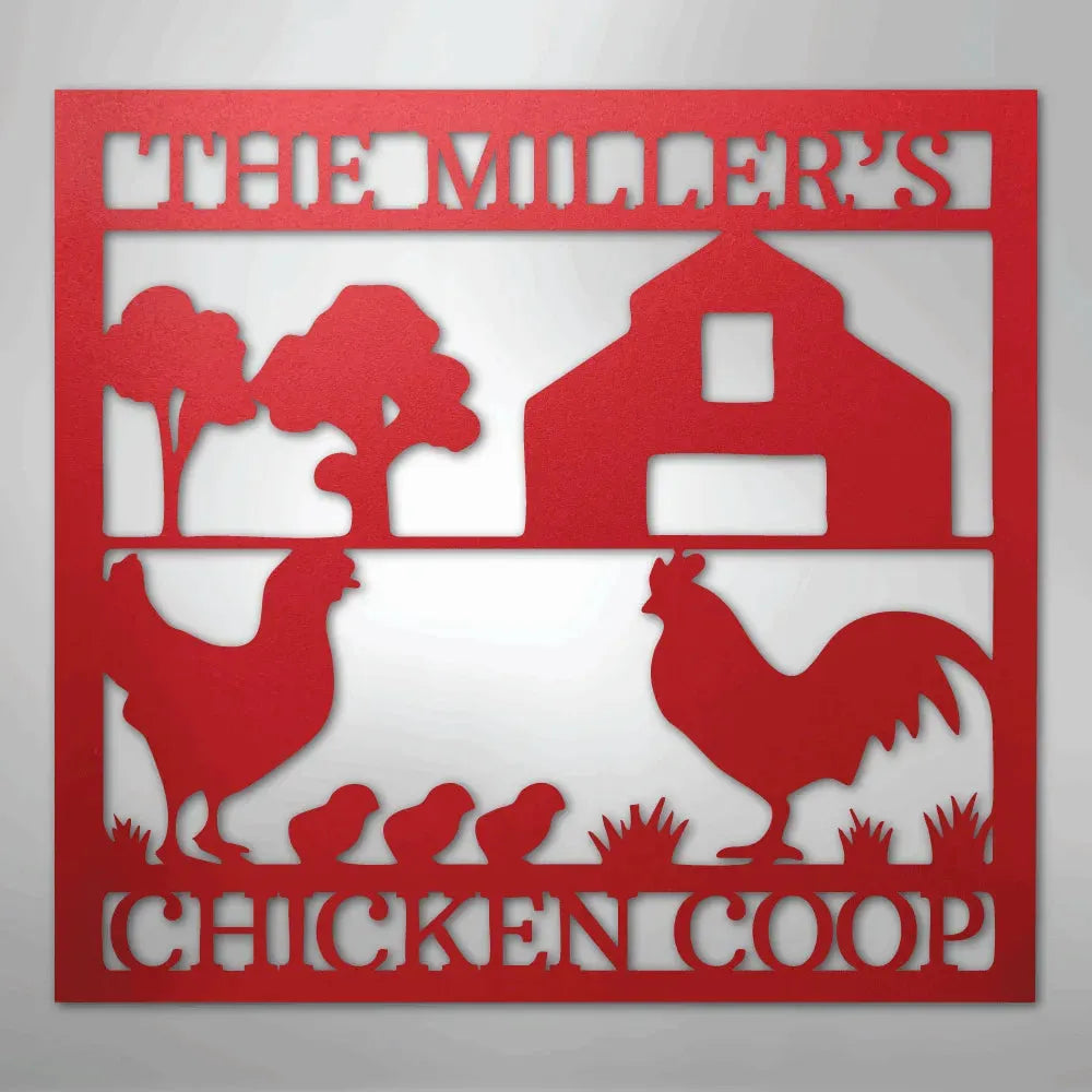 Red metal chicken coop monogram wall art with "THE MILLER'S CHICKEN COOP" text, barn, trees, hen, rooster, and chicks.