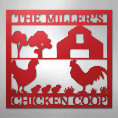 Red metal chicken coop monogram wall art with "THE MILLER'S CHICKEN COOP" text, barn, trees, hen, rooster, and chicks.