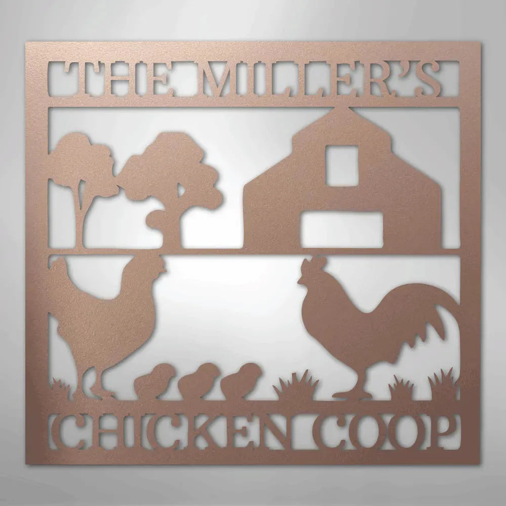 Copper metal wall art with "THE MILLER'S CHICKEN COOP" text, barn, trees, hen, rooster, and chicks.