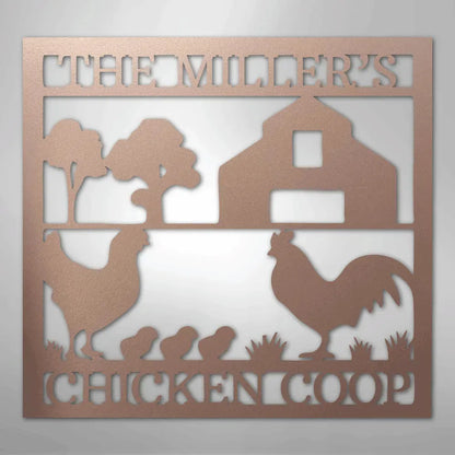 Copper metal wall art with "THE MILLER'S CHICKEN COOP" text, barn, trees, hen, rooster, and chicks.