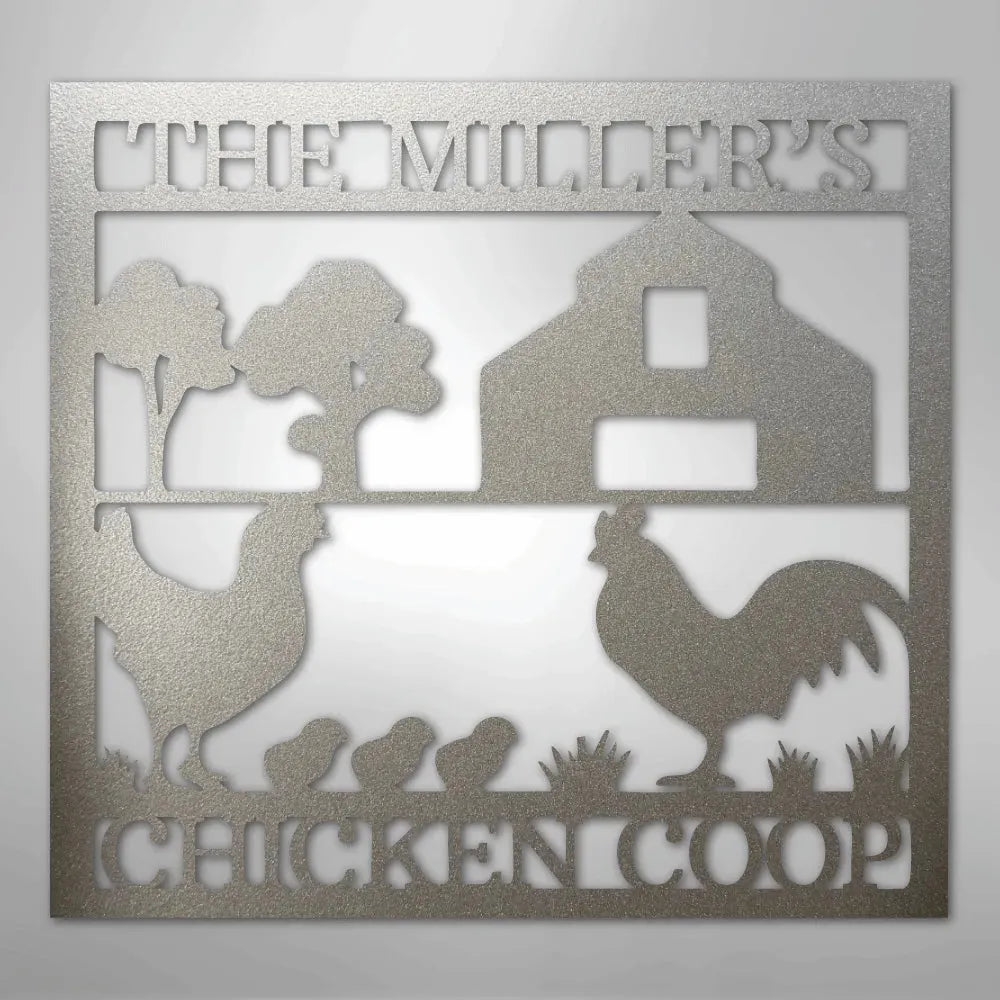 Silver metal chicken coop monogram wall art with "THE MILLER'S CHICKEN COOP" text, barn, chickens, and trees.