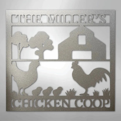 Silver metal chicken coop monogram wall art with "THE MILLER'S CHICKEN COOP" text, barn, chickens, and trees.