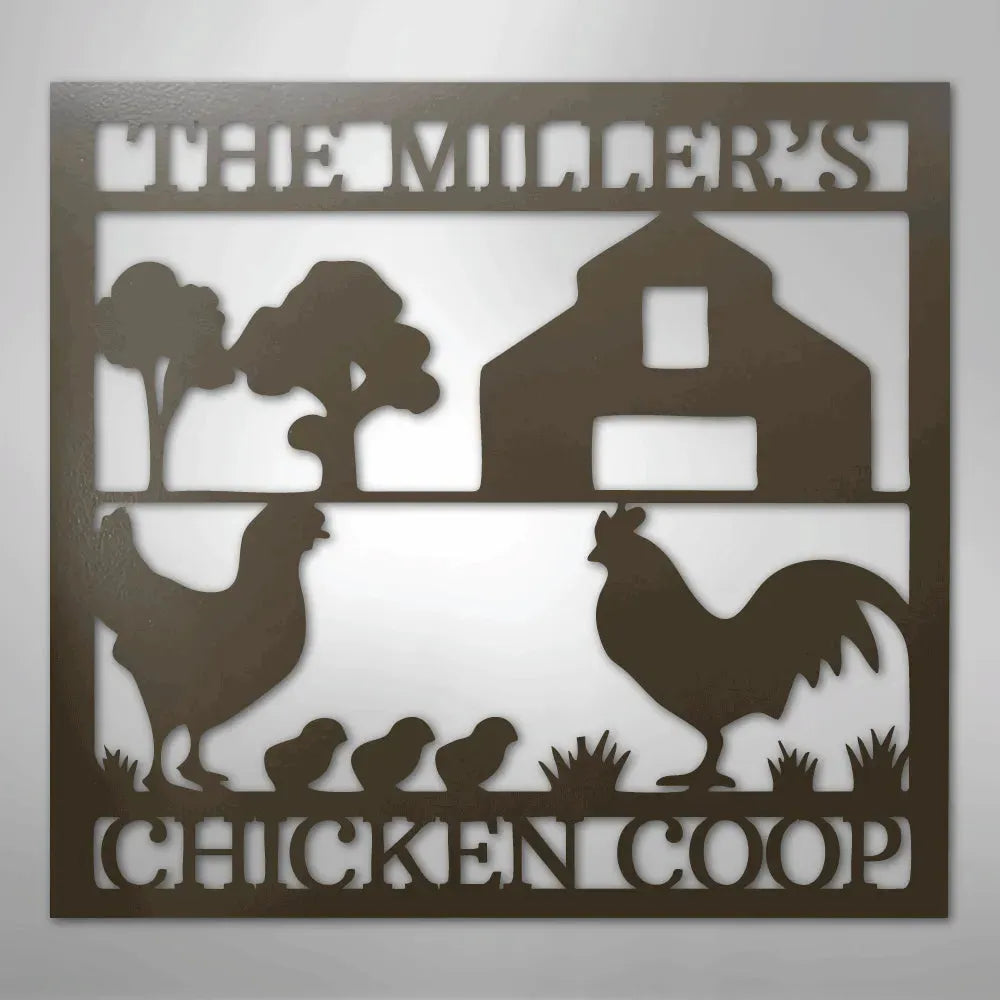 Brown metal wall art: "THE MILLER'S CHICKEN COOP" with barn, trees, hen, rooster, and chicks.