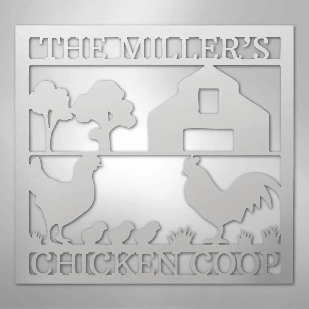 Silver metal chicken coop monogram wall art with barn, trees, hen, rooster, and chicks.