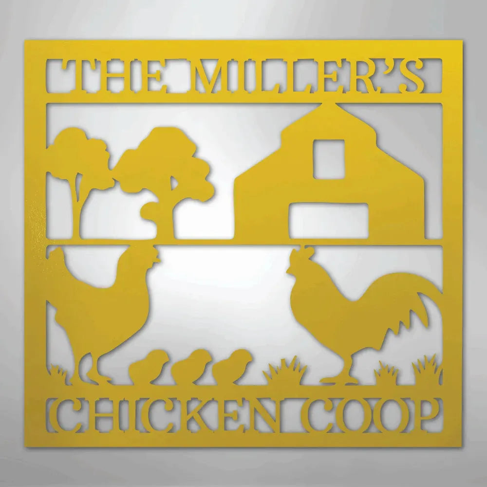 Yellow metal chicken coop monogram wall art with "THE MILLER'S CHICKEN COOP" text, rooster, hen, and chicks.
