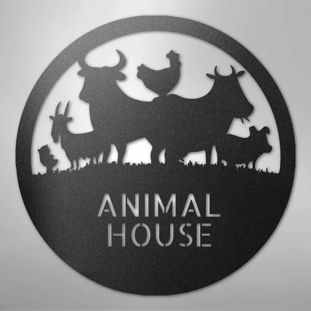 Black powder-coated steel "Animal House" monogram with farm animals in a circular design.