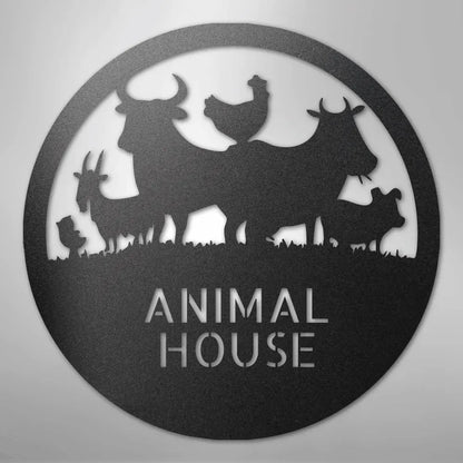 Black powder-coated steel "Animal House" monogram with farm animals in a circular design.