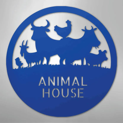 Blue metal "Animal House" monogram with farm animals: cow, goat, chicken, and pig silhouettes.