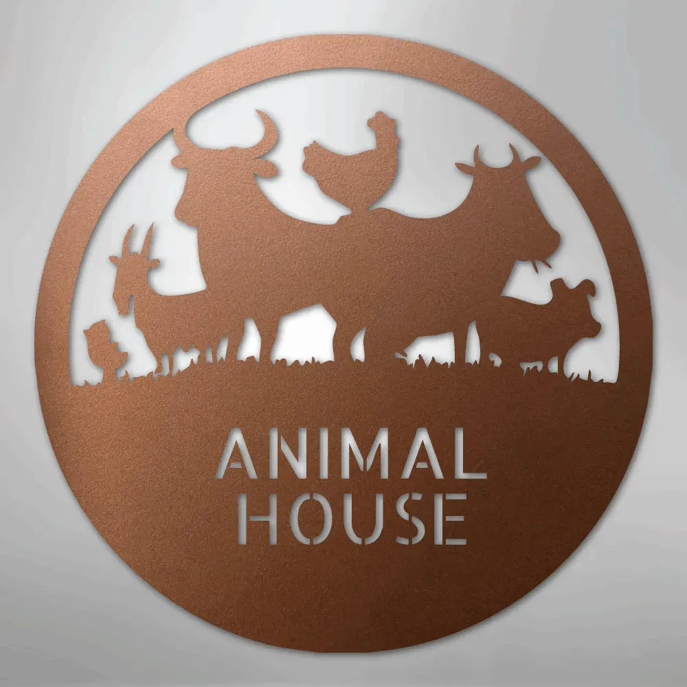 Copper powder-coated steel "Animal House" monogram with farm animal silhouettes: cow, chicken, goat, pig.