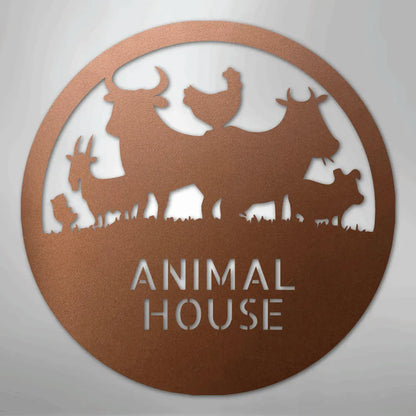 Copper powder-coated steel "Animal House" monogram with farm animal silhouettes: cow, chicken, goat, pig.
