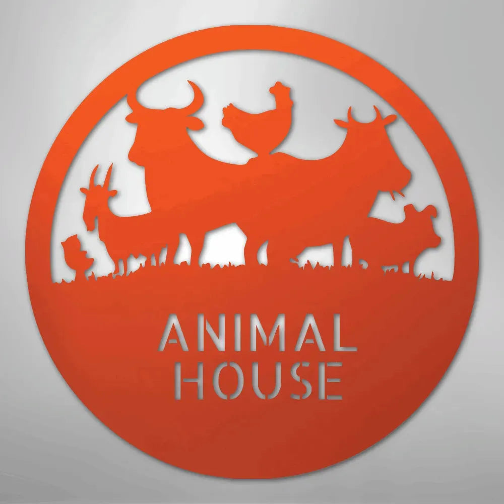 Orange metal "Animal House" monogram with cow, chicken, goat, and pig silhouettes in a circular design.