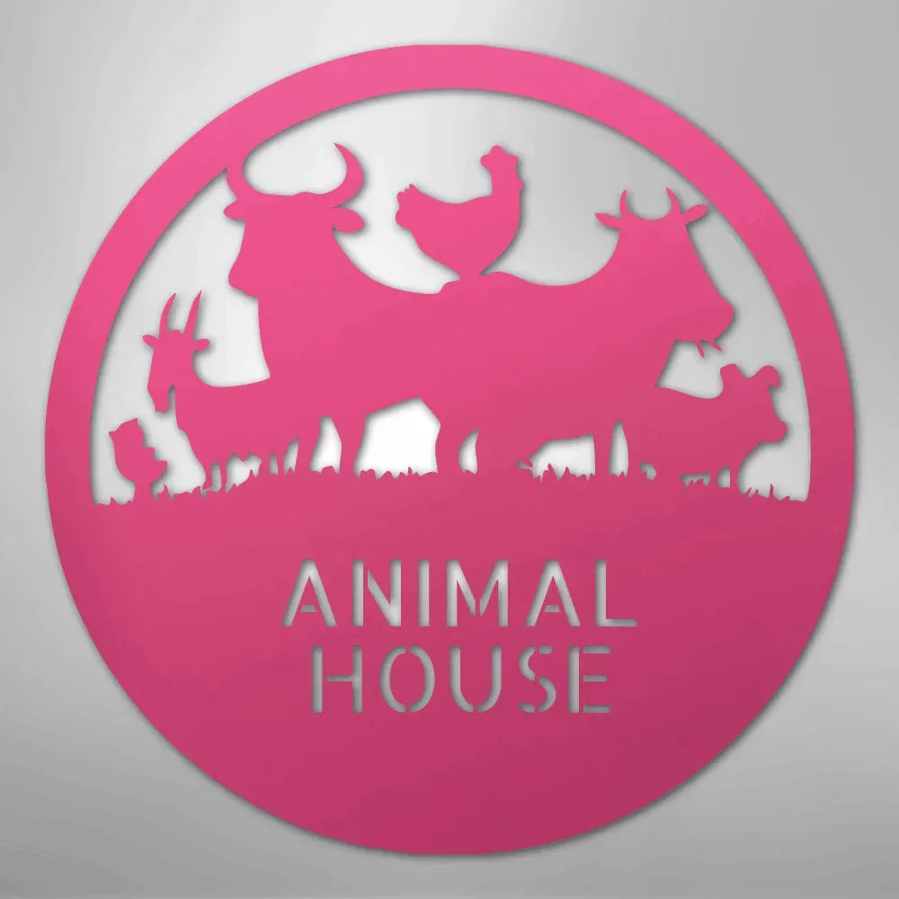 Pink powder-coated steel "Animal House" monogram with farm animal silhouettes in a circular design.